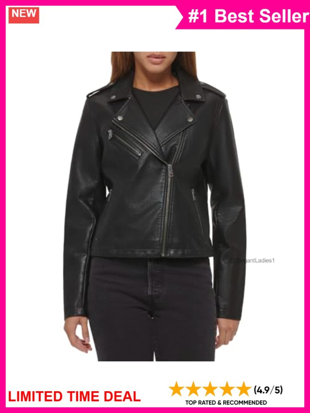 Faux Leather Motorcycle Jacket Asymmetrical Zip Snap Lapels Moto